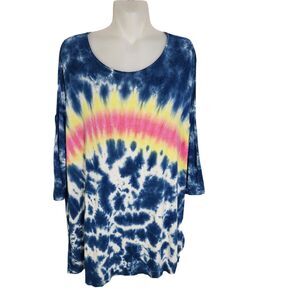 Erin London Womens Top Large Tie Dye 3/4 Sleeve Cold Shoulder Scoop Neck Blue